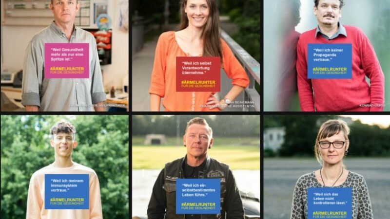Sechs Personen posieren in einer Werbekampagne gegen Impfungen, jeweils mit einem Slogan auf ihrer Kleidung, der ihre Begründung gegen Impfung darstellt.