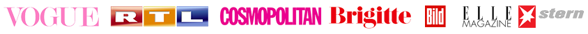 Logos von bekannten Zeitschriften und Sendern in einer Reihe, darunter Vogue, RTL, Cosmopolitan, Brigitte, Bild, Elle Magazine und Stern