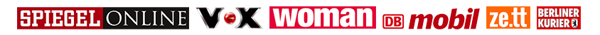 Logos von SPIEGEL ONLINE, VOX, woman, DB mobil, ze.tt und Berliner Kurier in einer Reihe