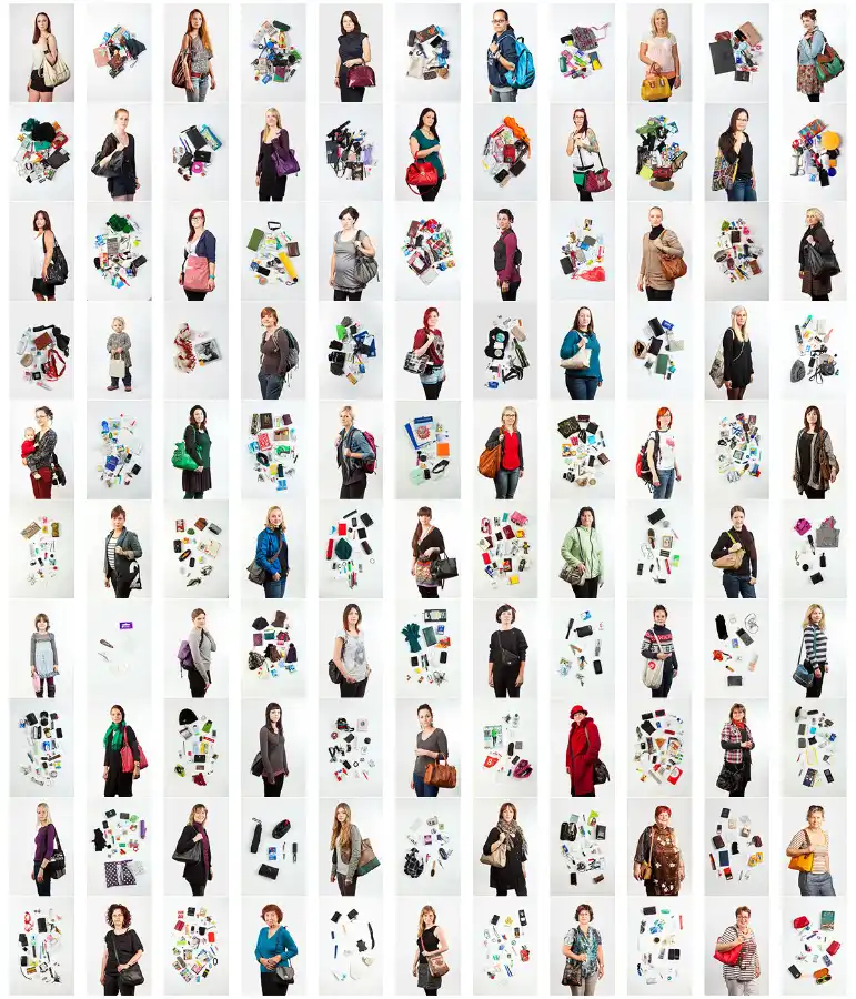 Eine Collage von Personen mit ihren Tascheninhalt, die Vielfalt des Inhalts zeigt persönliche Gegenstände